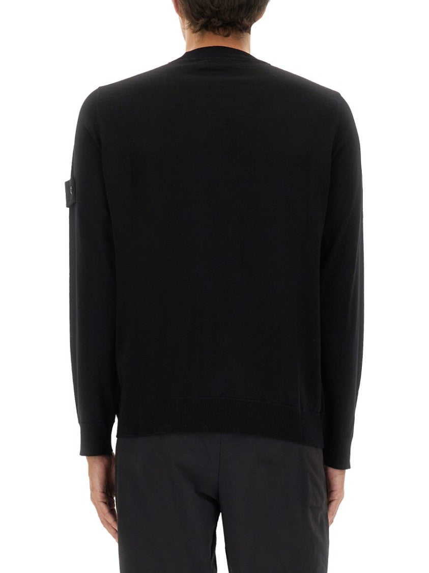 Stone Island Black Wool Sweater With Ribbed Details