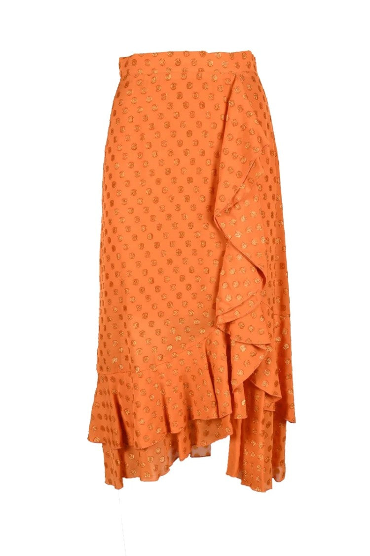 L Autre Chose Orange Midi Skirt With Asymmetrical Ruffle