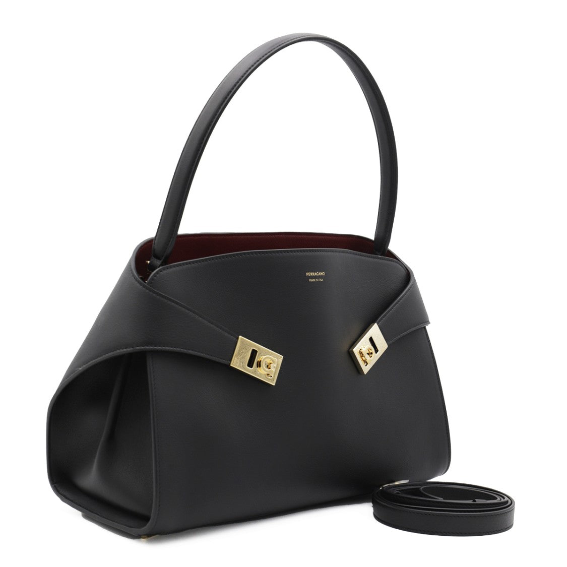 Ferragamo Structured Black Leather Hug S Top Handle Bag