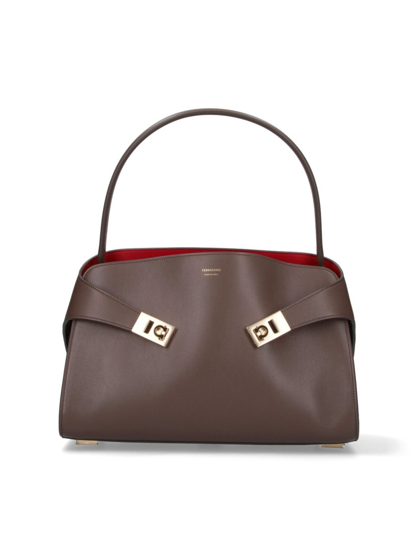 Ferragamo Structured Brown Leather Handbag With Gold Accents
