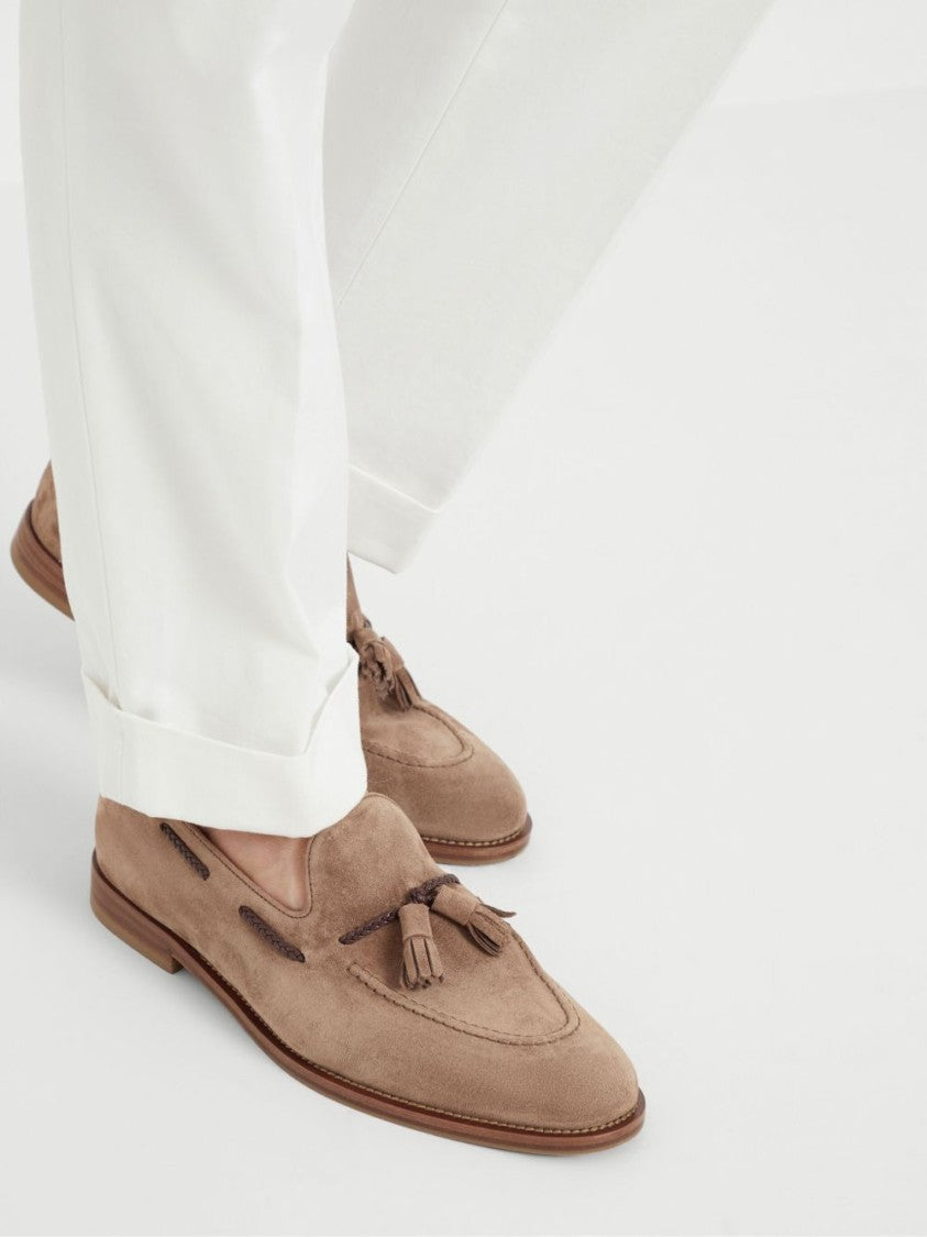 Brunello Cucinelli Braided Leather Detail Suede Loafers