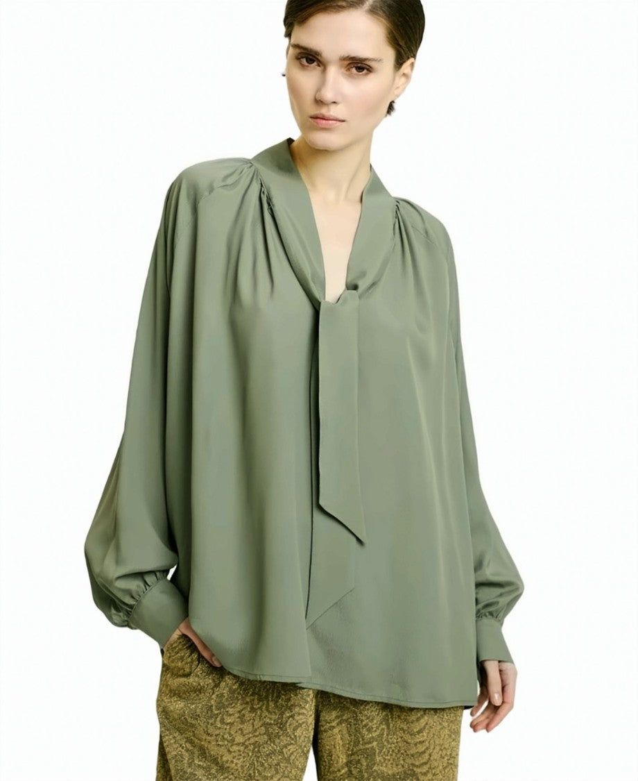 Momonì Oversized Viscose Georgette Gathered V-Neck Blouse