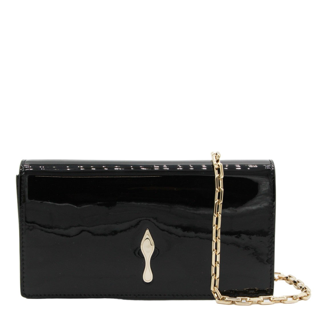 Christian Louboutin Rectangular Black Patent Bag With Gold Emblem And Chain Strap