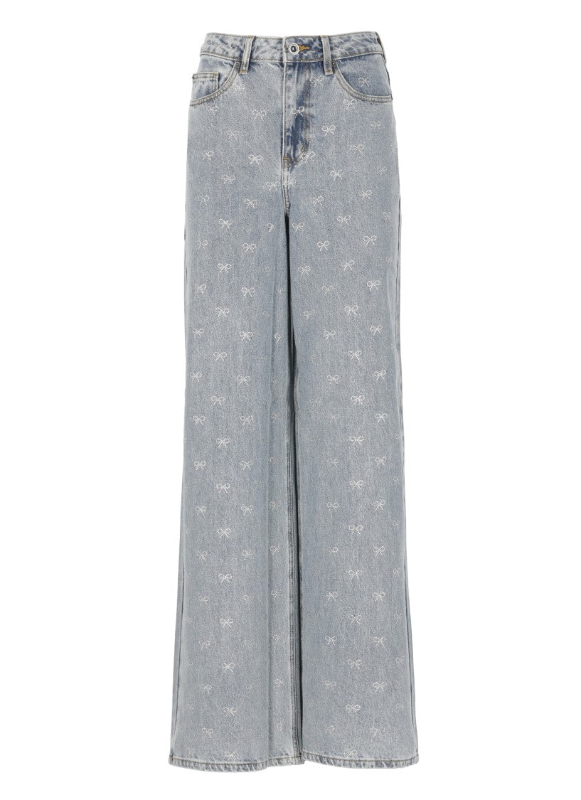Self-Portrait Light-Blue Wide-Leg Cotton Jeans With Bow