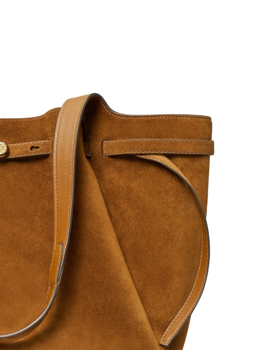Tory Burch Spacious Brown Suede Tote With Leather Trim Accents