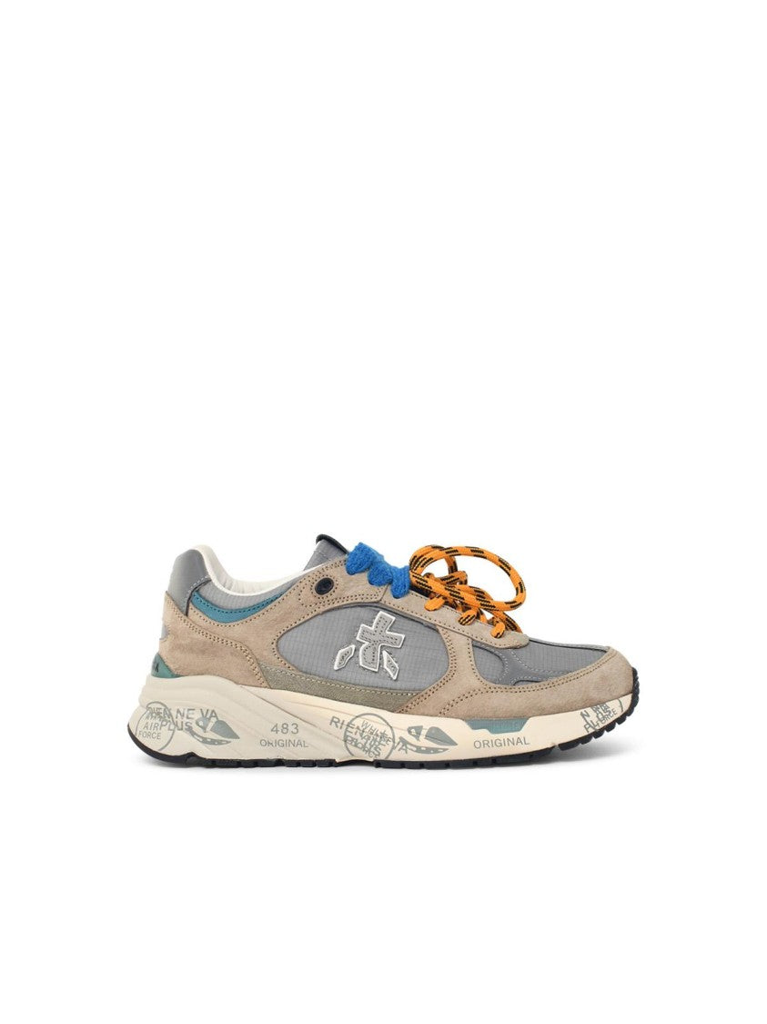Premiata Grey And Beige Leather Blend Sneakers With Logo Accents