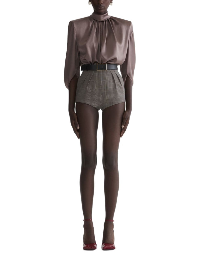 Mugler Brown Draped Pleated High Neck Top