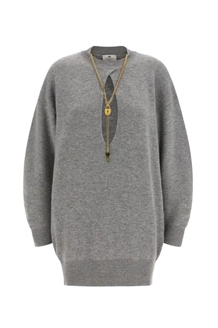 Elisabetta Franchi Grey Oversized Keyhole Chain Knit Mini Dress