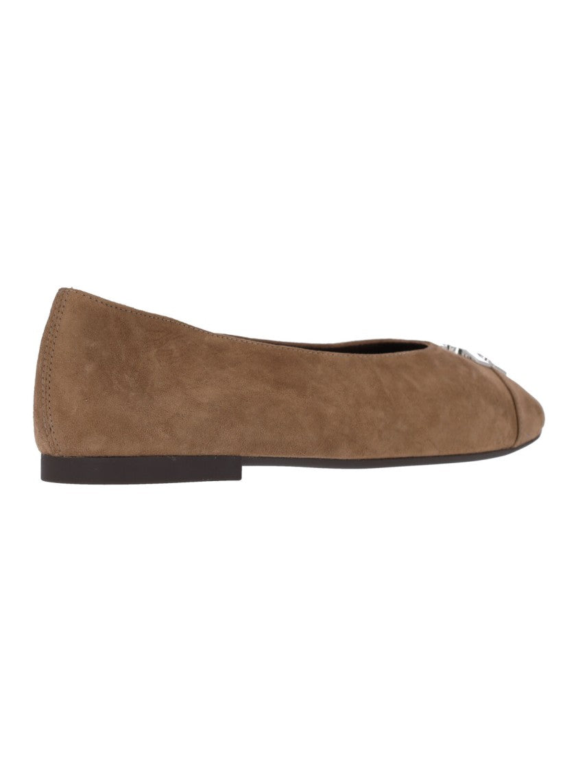 Tory Burch Pointed-Toe Metallic Logo Suede Flats