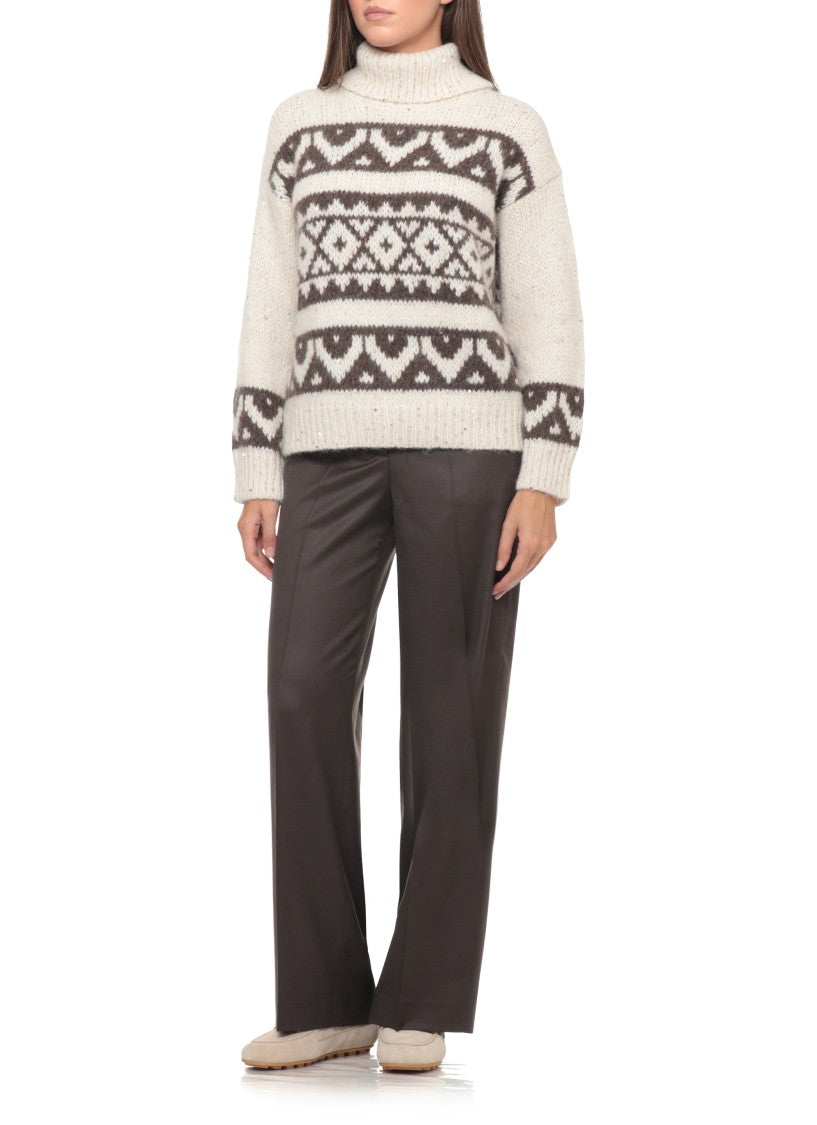 Peserico Ivory Alpaca Blend Sweater With Geometric Pattern