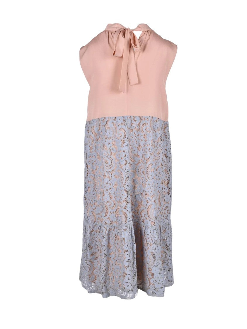 Semi Couture Sleeveless Light Blue And Pink Midi Dress With Lace Overlay