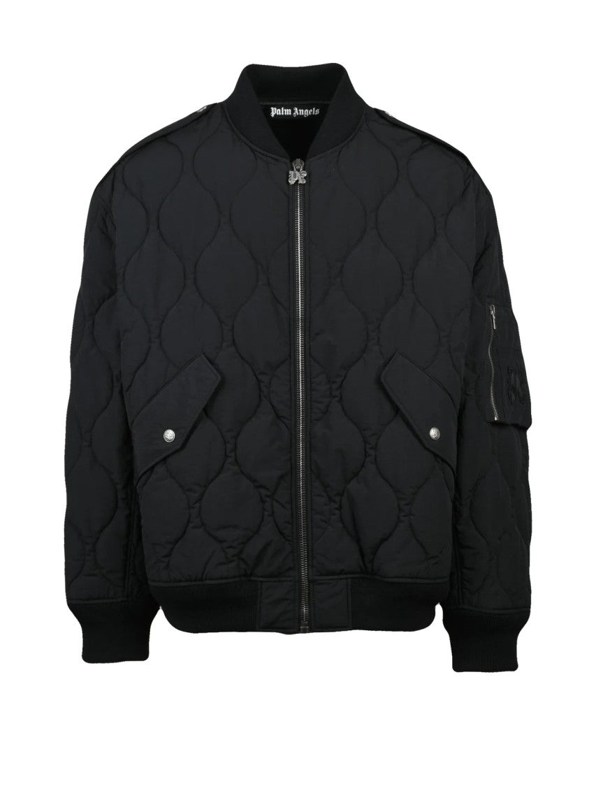 Palm Angels Monogram Quilted Black Bomber Jacket With Zip Closure
