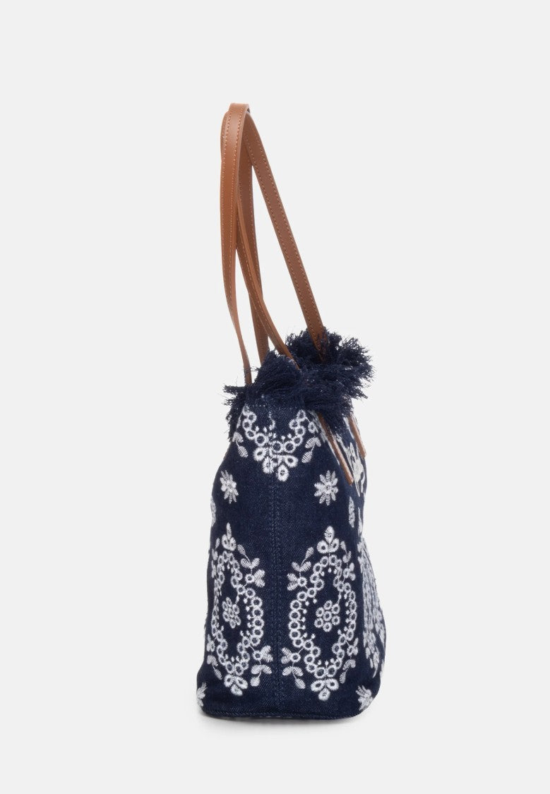 Mc2 Saint Barth Navy Blue Rectangular Tote Bag With Embroidered Details