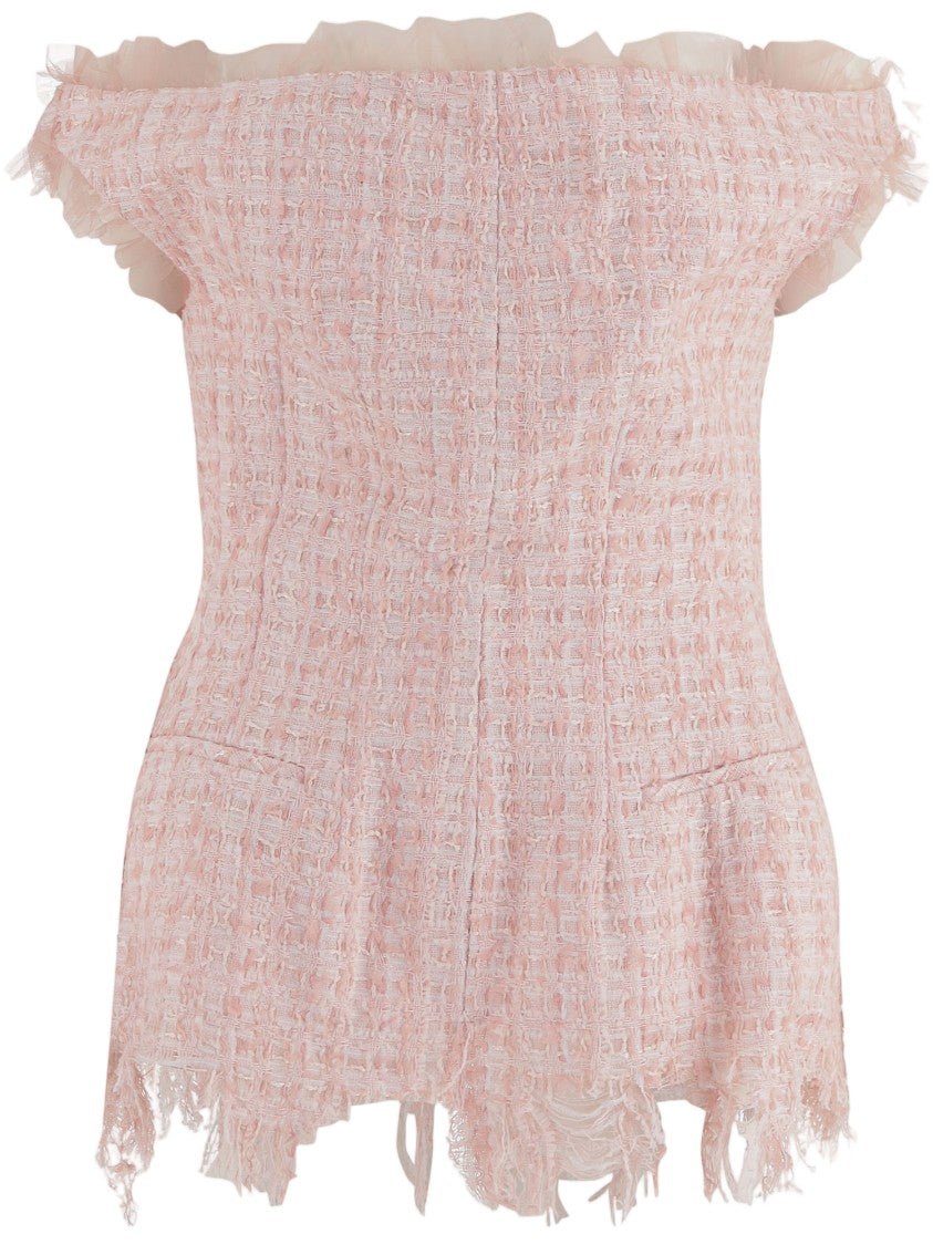 Matieres Fecales Pink Fringed Off-Shoulder Technical Top