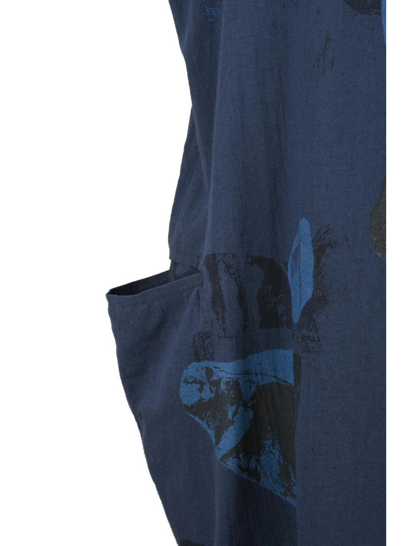 Yohji Yamamoto Blue Asymmetrical Floral Linen-Blend Dress