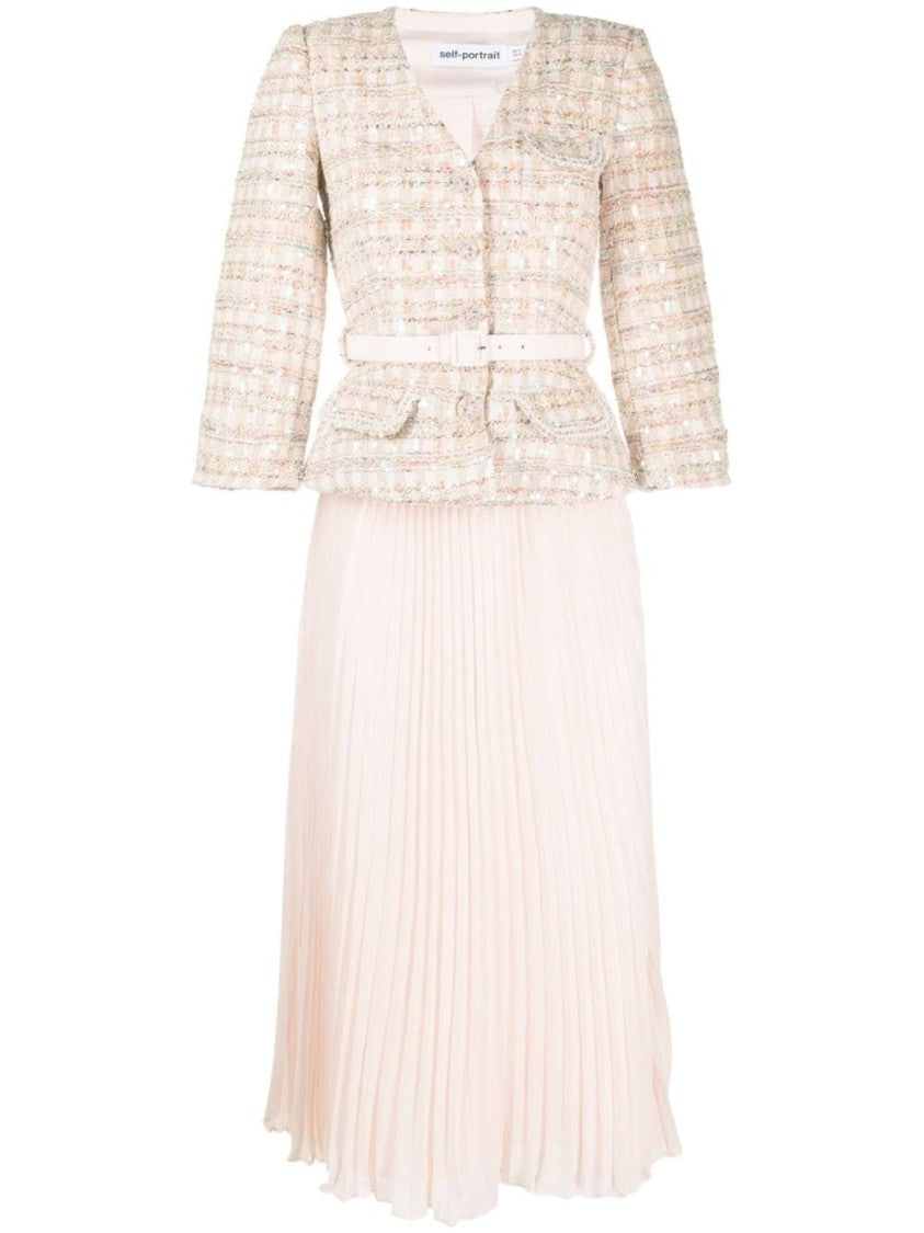Self-Portrait Sequin Boucle Midi Dress With Pleated Skirt And Fitted Bodice