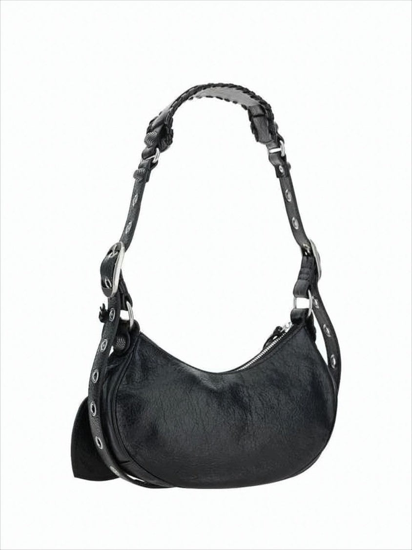 Balenciaga Crescent-Shaped Black Lambskin Shoulder Bag With Silver Hardware