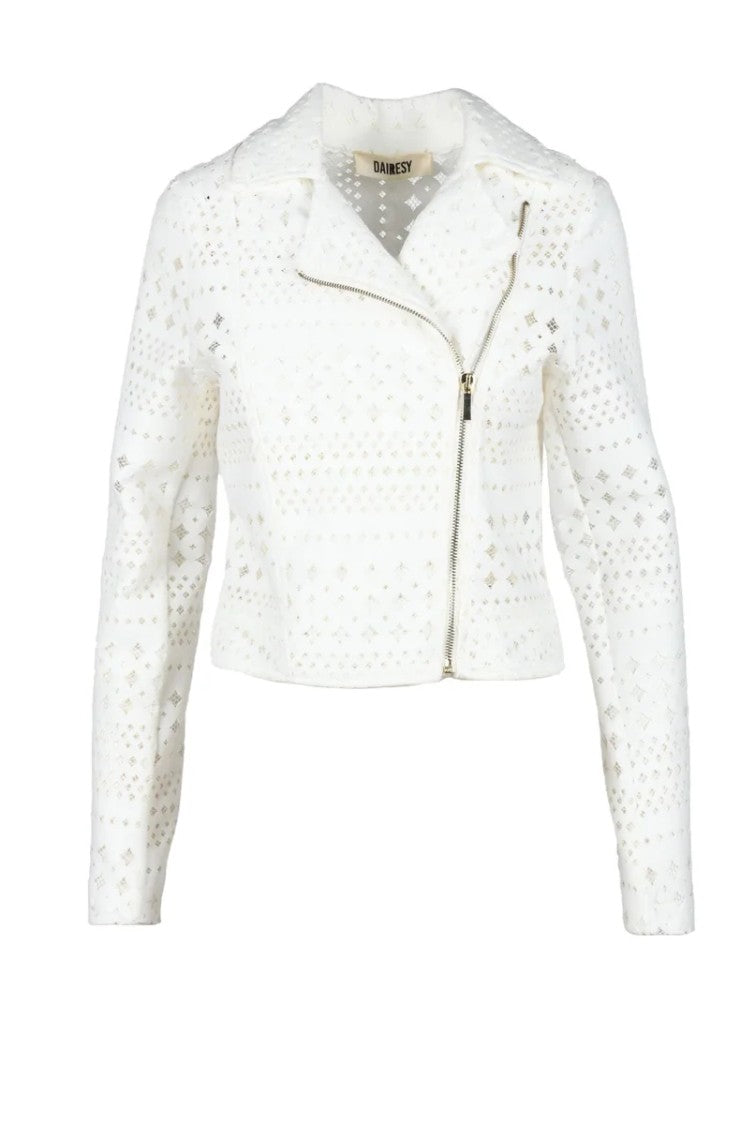 Dairesy White Cropped Off-Center Zip Polyester Coat