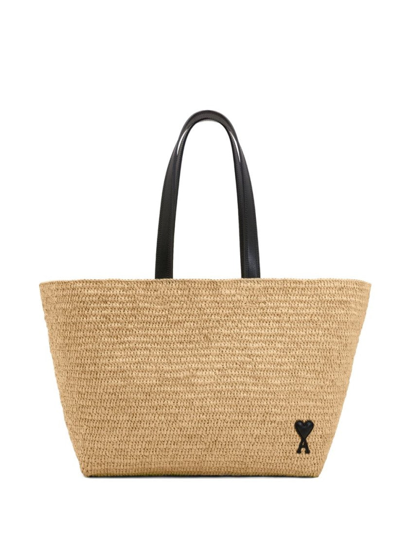 Ami Paris Beige Raffia Heart Patch Tote Bag