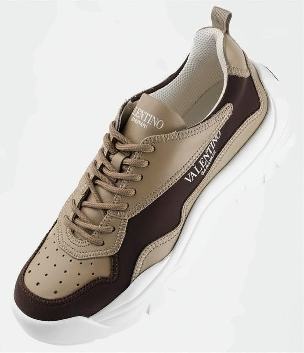 Valentino Garavani Contemporary Brown Leather And Fabric Sneakers
