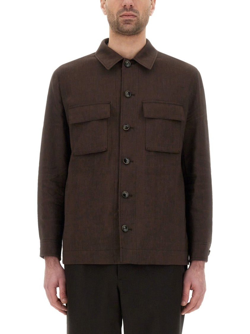 Boss Camel Textured Brown Button-Up Jacket With Classic Collar