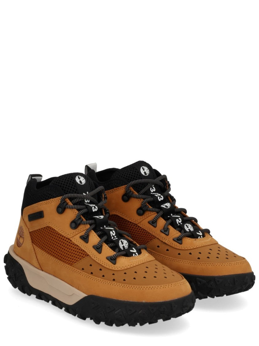 Timberland Tan Leather And Black Mesh Sneakers With Rugged Design