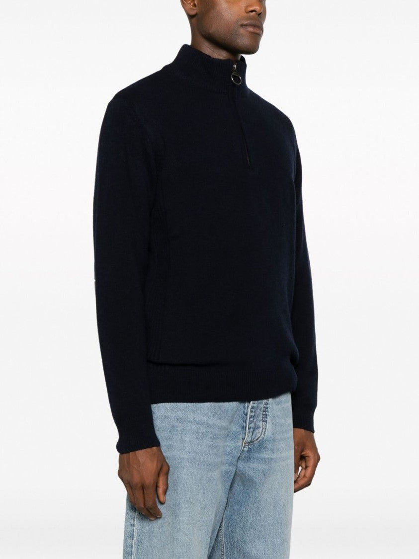 Barbour Ribbed Knit Half-Zip Sweater With Classic Funnel Neck And Elbow Patches