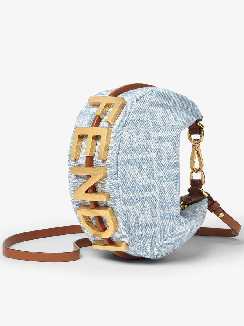 Fendi Crescent-Shaped Handbag With Light Blue Monogram And Gold Hardware