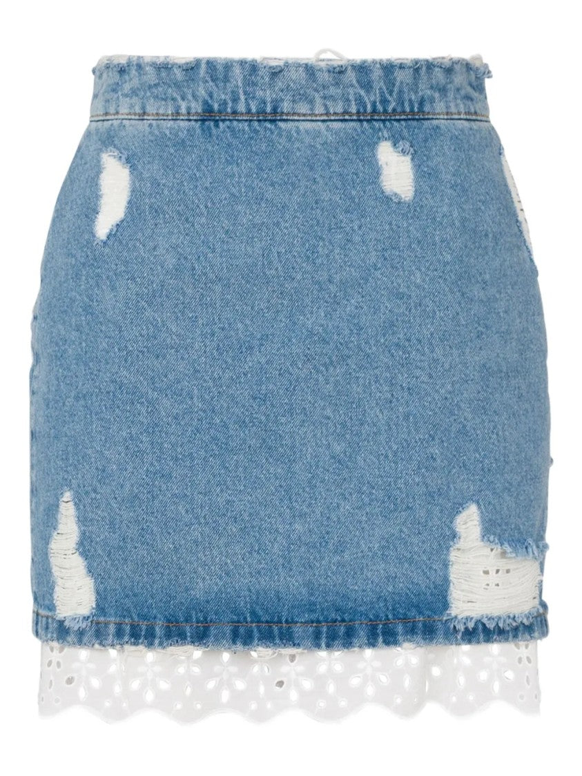 Moschino Distressed Denim Mini Skirt With Lace Trim Detail