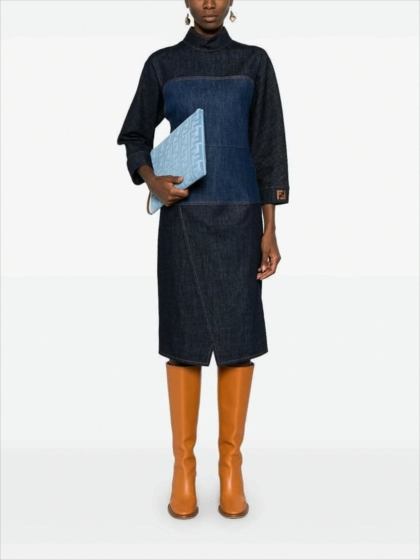 Fendi Patchwork Midi Dress With High Neckline