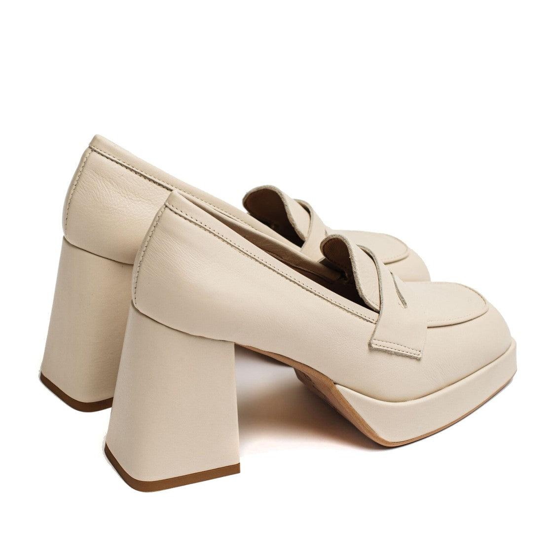 Vamsko Greta Beige High Block Heel Leather Loafer Pumps