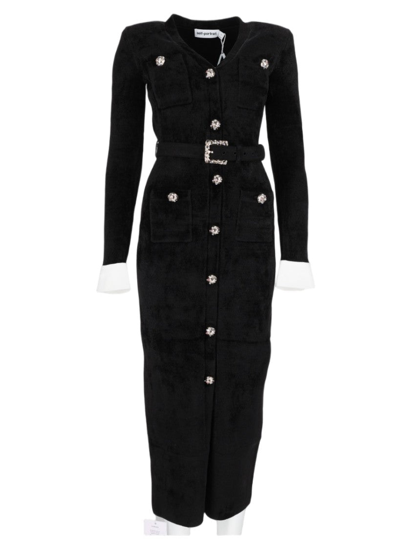Self-Portrait Black Embellished Button Belted Viscose-Blend Midi Dress