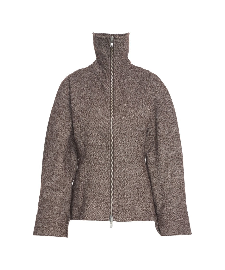 Second Female Textured Brown Jacket With High Collar And Fitted Silhouette