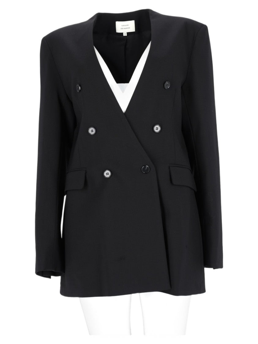 Loulou De Saison Black Flared-Hem Sharp-Shoulder Wool-Blend Blazer