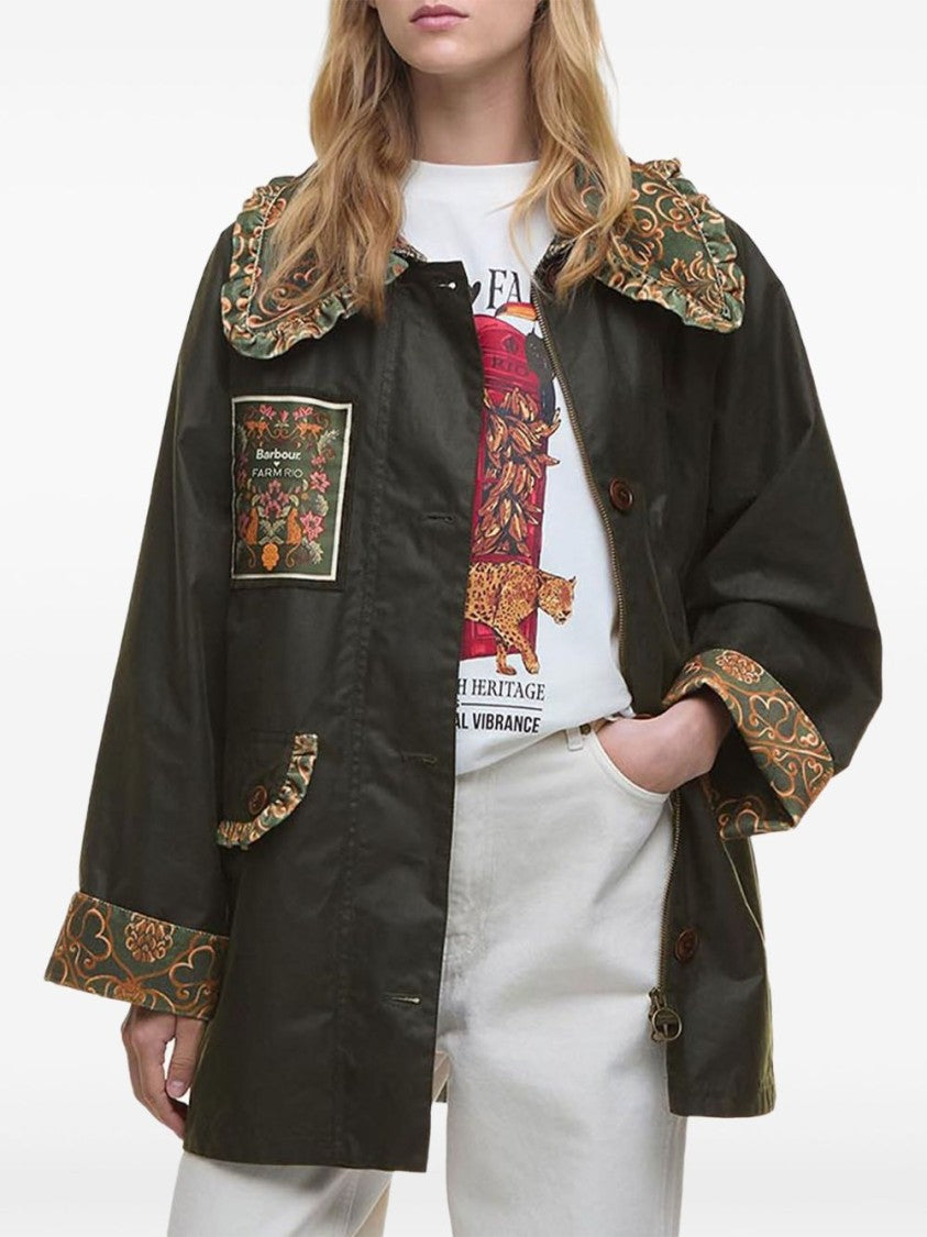 Barbour Dark Green Cotton Jacket With Patterned Collar