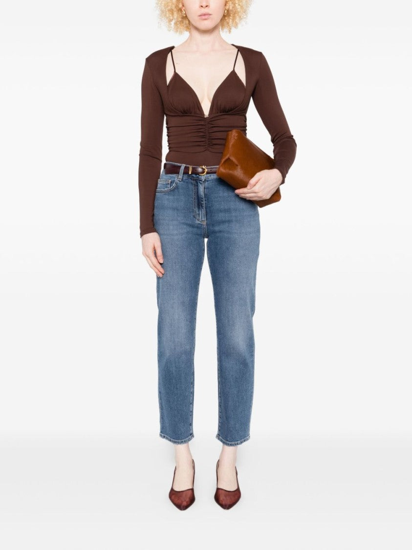 Elisabetta Franchi Brown Long-Sleeve Top With Deep V-Neckline
