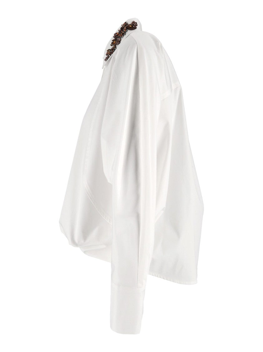 Ermanno Scervino White Cropped Embellished Collar Wide Cuff Shirt