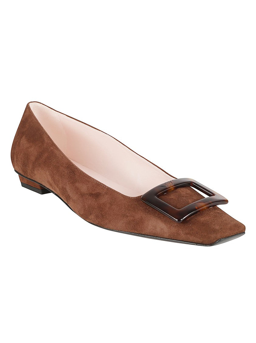 Roger Vivier Pointed Toe Suede Flats With Rectangular Buckle Detail