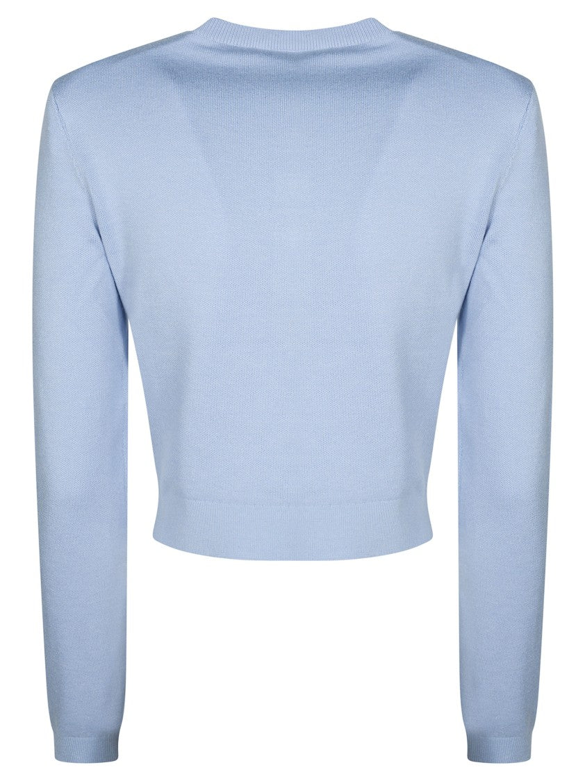 Self-Portrait Blue Flower Appliqué Cropped Knit Cardigan