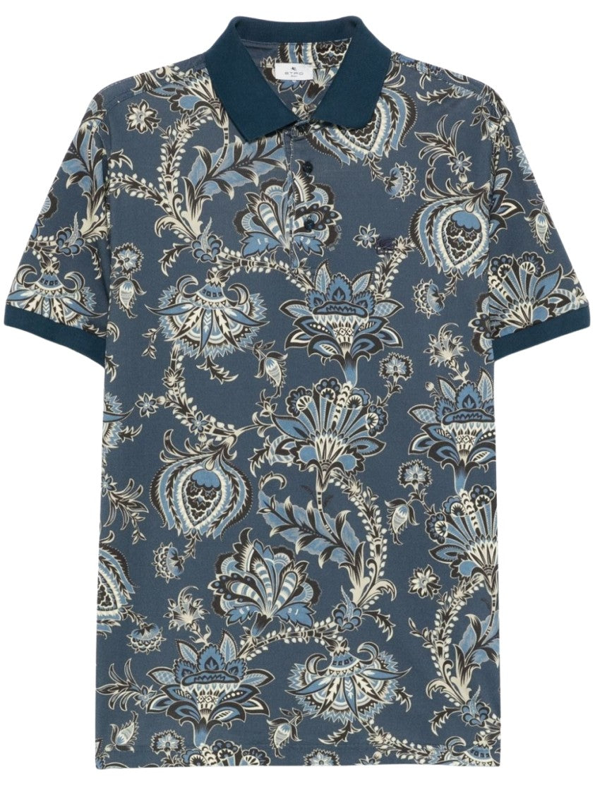 Etro Floral Print Poloshirt In Rich Prussian Blue