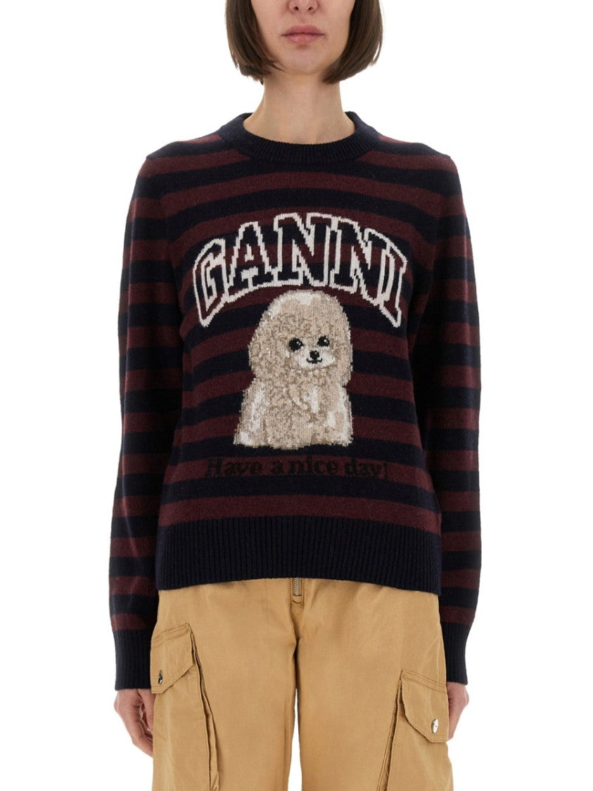Ganni Striped Knit Sweater With Playful Dog Graphic