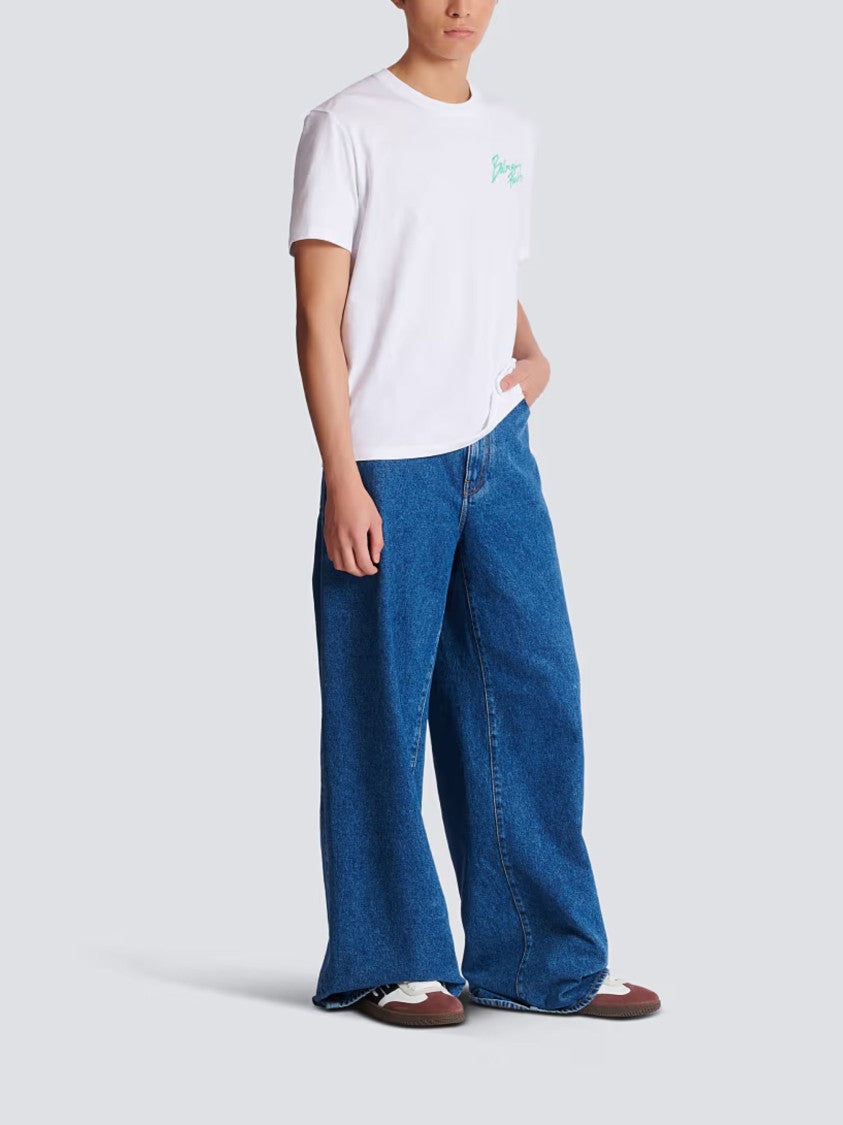Balmain White Brush Logo Cotton T-Shirt