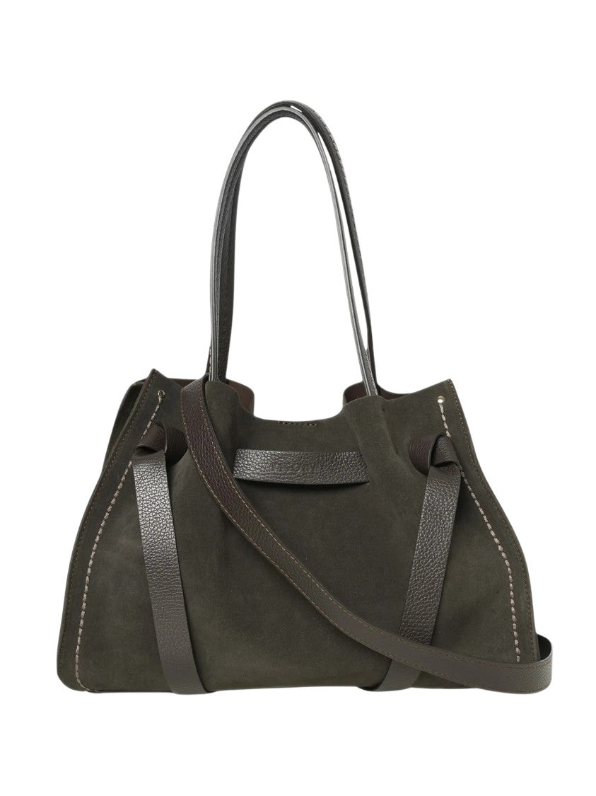 Visona` Green Calf Suede Detachable Strap Shoulder Bag