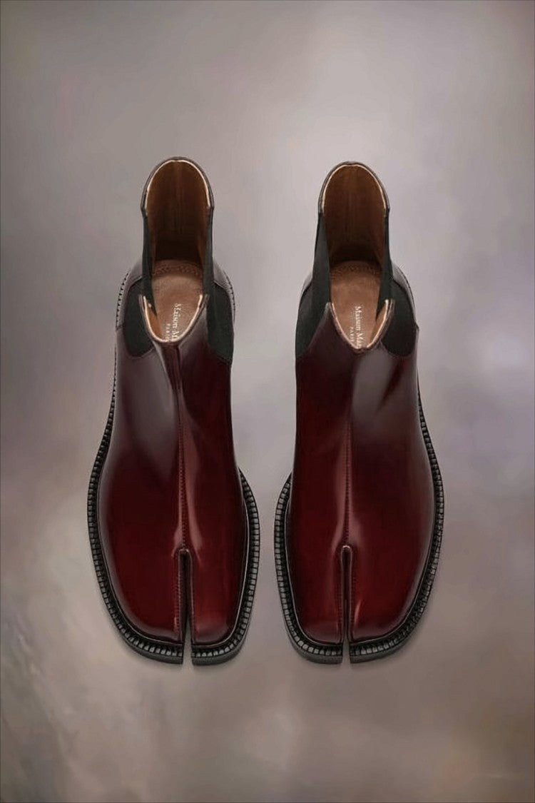 Maison Margiela Burgundy Leather Ankle Boots With Split-Toe Design