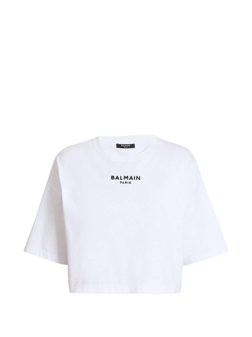 Balmain White Embroidered Cropped Ribbed Logo T-Shirt