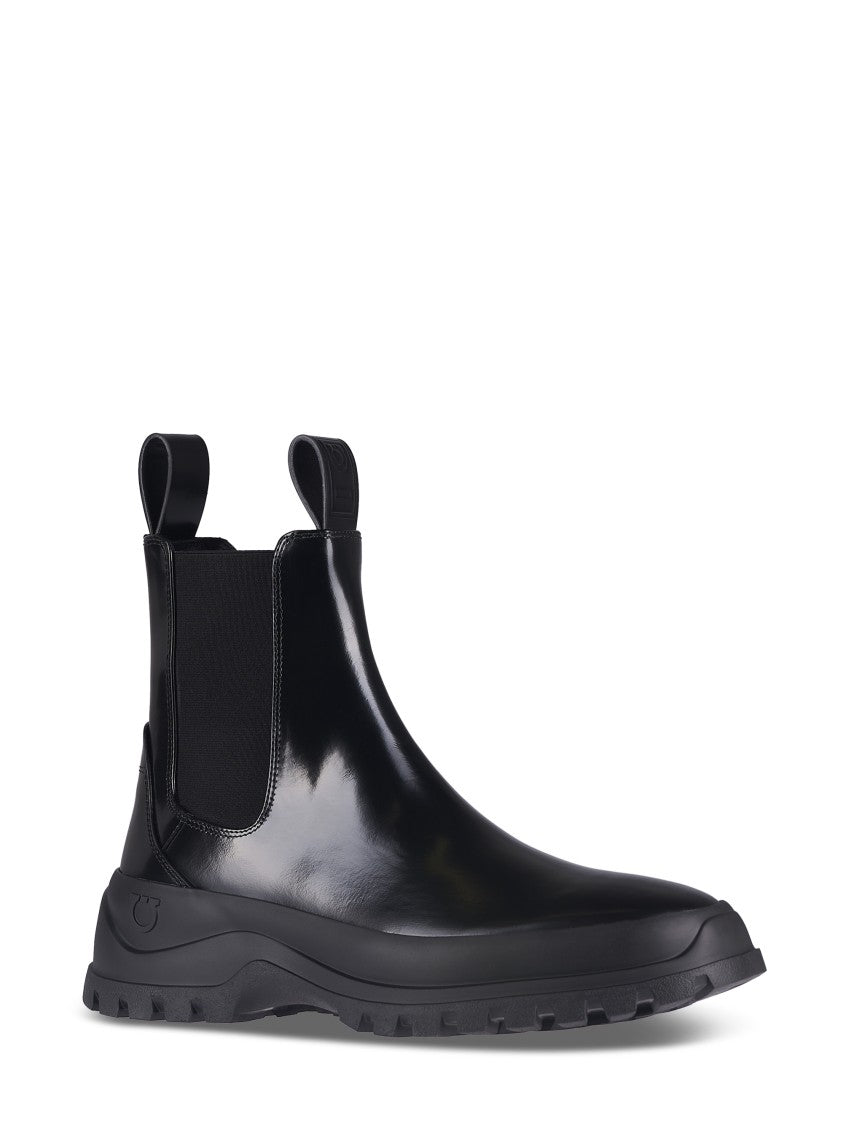 Ferragamo Black Calf Leather Boots With Chunky Rubber Sole