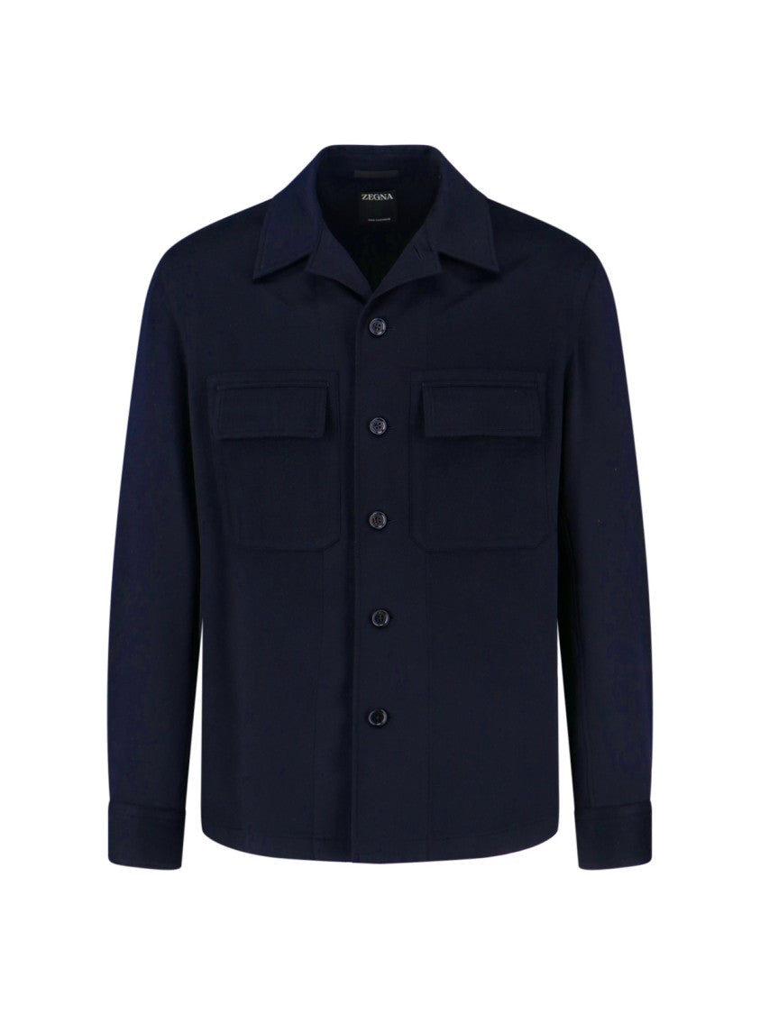 Zegna Navy Wool Shirt Jacket With Classic Collar