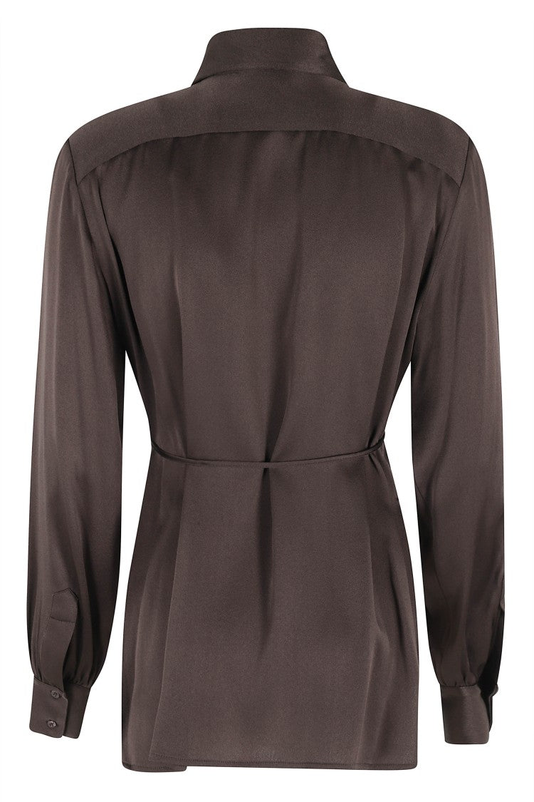 Semi Couture Brown Juana Side-Slit Long-Sleeve Acetate-Blend Shirt