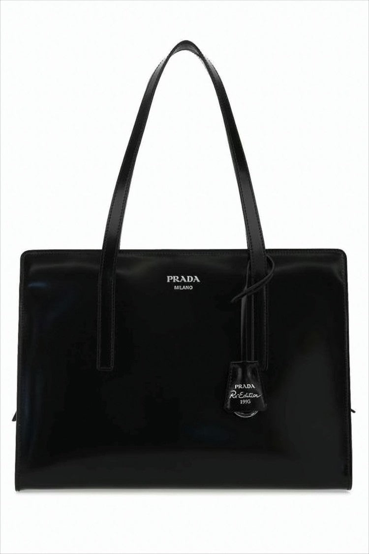 Prada Glossy Finish Structured Shoulder Bag With Subtle Logo