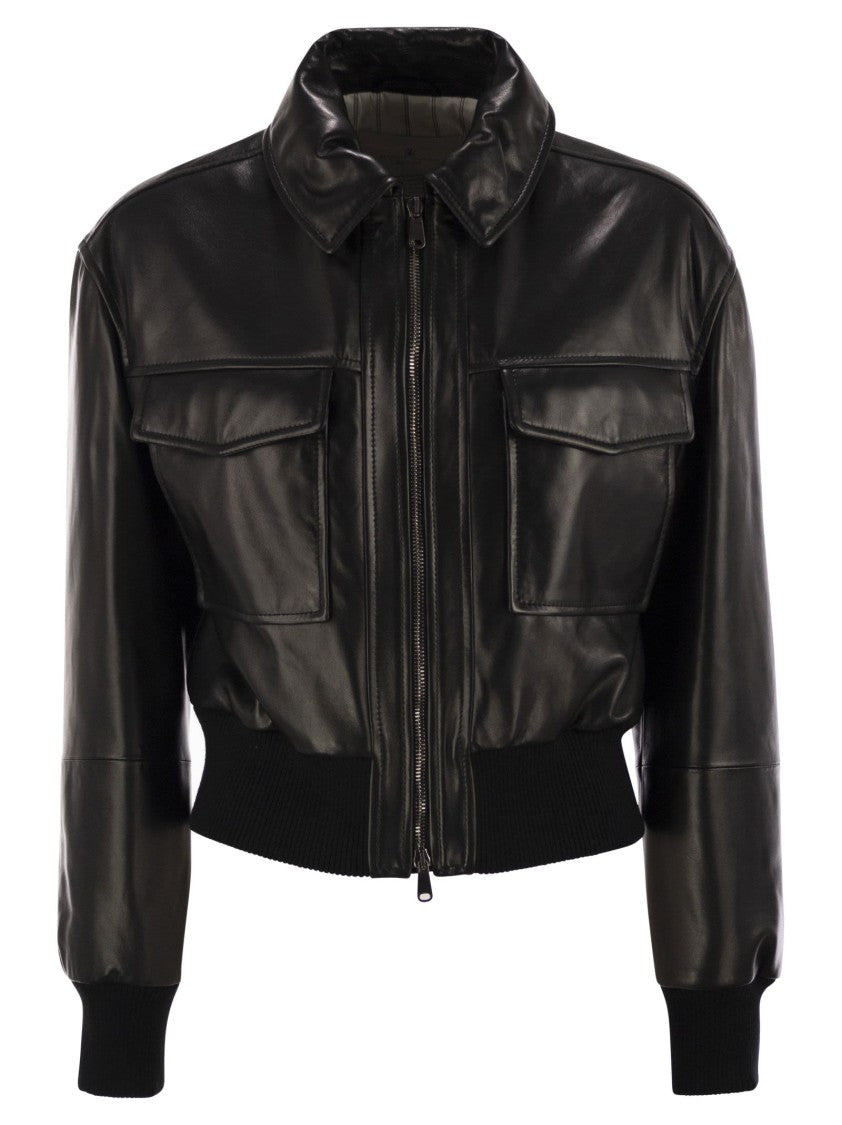 Brunello Cucinelli Leather Bomber Jacket With Jewellery